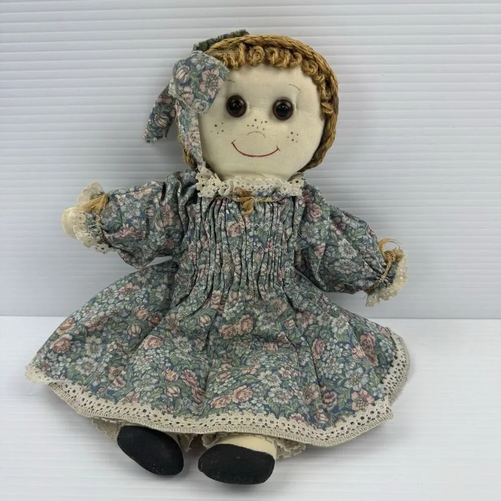 Vintage Handmade Rag Doll Prairie Floral Cottagecore Folk Art Cloth Farmhouse
